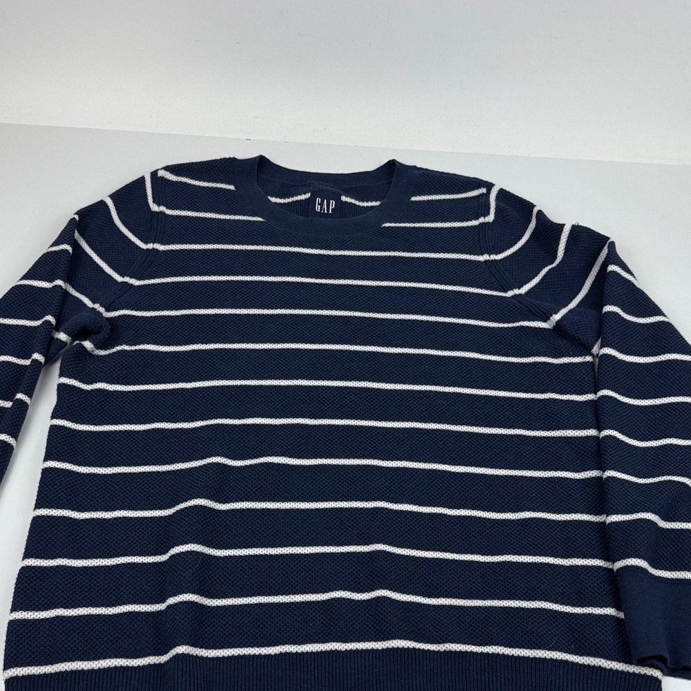 GAP Women's Navy and White Striped Crewneck Sweater